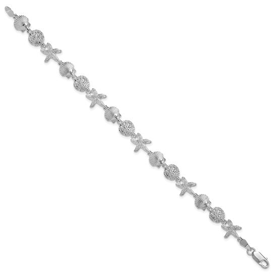 Sterling Silver White Gold Plated Sea Life Sand Dollar/Shell/Starfish Bracelet