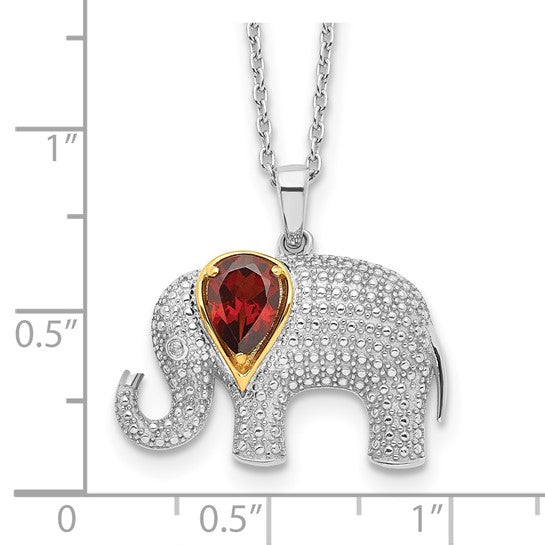 Sterling Silver Two Tone Gold  Natural Garnet Elephant Pendant Necklace