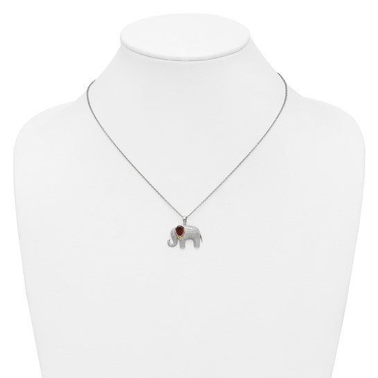 Sterling Silver Two Tone Gold  Natural Garnet Elephant Pendant Necklace