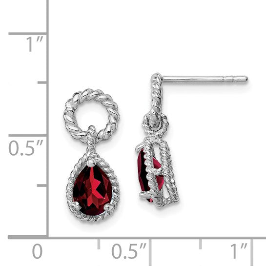 Sterling Silver Rhodium Plated Oval 1 Carat Natural Garnet Twisted Rope Earrings