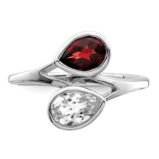 Sterling Silver Rhodium Plated Garnet & White Topaz Bypass Ring