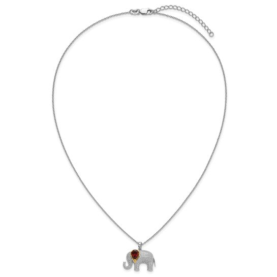Sterling Silver Two Tone Gold  Natural Garnet Elephant Pendant Necklace