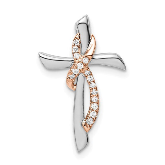 14K White/Rose Gold Two Tone Diamond Ribbon Cross Chain Slide