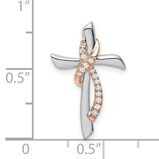 14K White/Rose Gold Two Tone Diamond Ribbon Cross Chain Slide