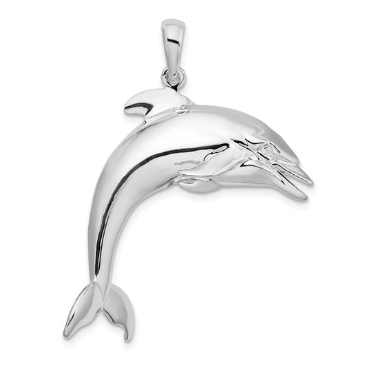 Sterling Silver Rhodium Plated Large 3D Dolphin Pendant