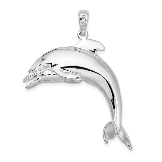 Sterling Silver Rhodium Plated Large 3D Dolphin Pendant