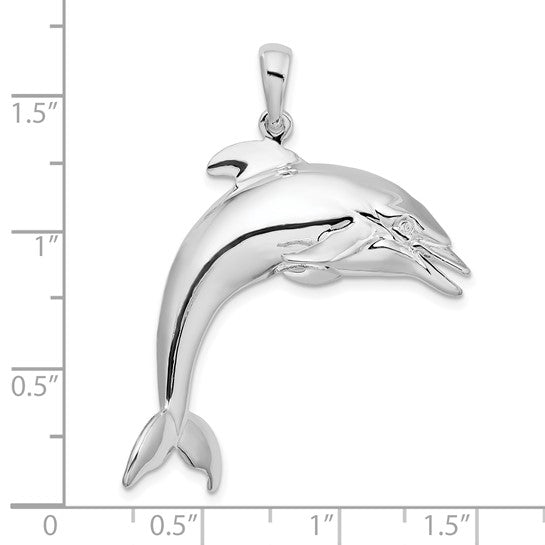 Sterling Silver Rhodium Plated Large 3D Dolphin Pendant