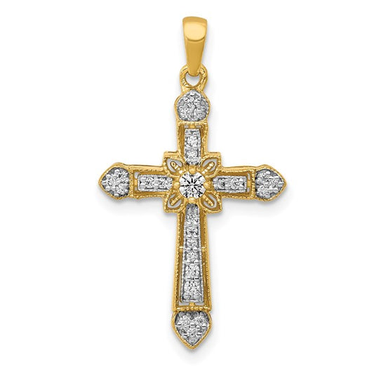 14K Yellow Gold 1/6 Carat diamond Lined Cross Pendant