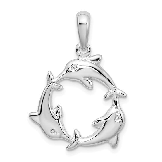 Sterling Silver 3 Dolphin Family Circle Pendant