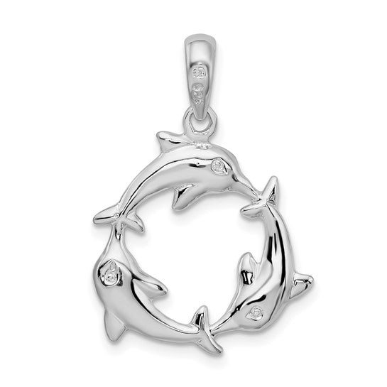Sterling Silver 3 Dolphin Family Circle Pendant
