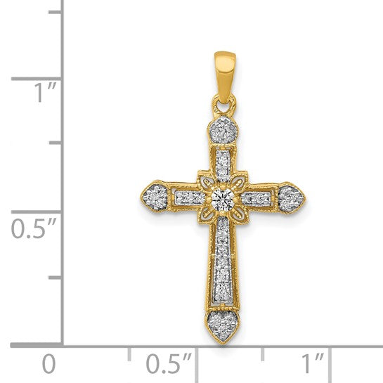 14K Yellow Gold 1/6 Carat diamond Lined Cross Pendant