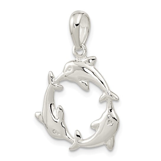 Sterling Silver 3 Dolphin Family Circle Pendant