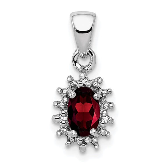 Sterling Silver Rhodium Plated Oval Natural Garnet & Diamond Spiked Halo Pendant