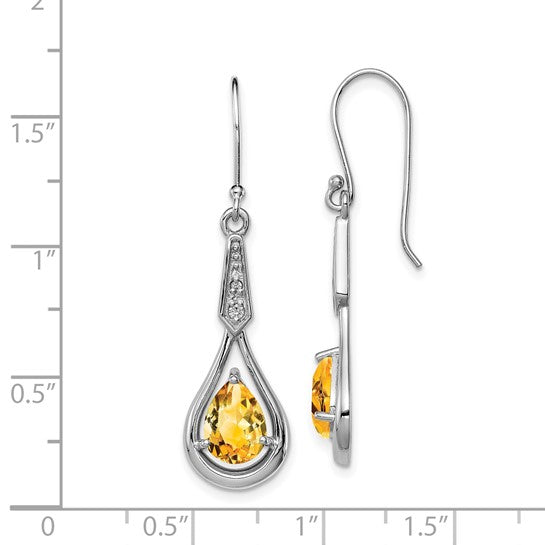 Sterling Silver White Gold Plated Natural 1ct Citrine & CZ Dangle Earrings
