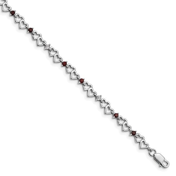 Sterling Silver Mini Heart Garnet & Diamond Bracelet