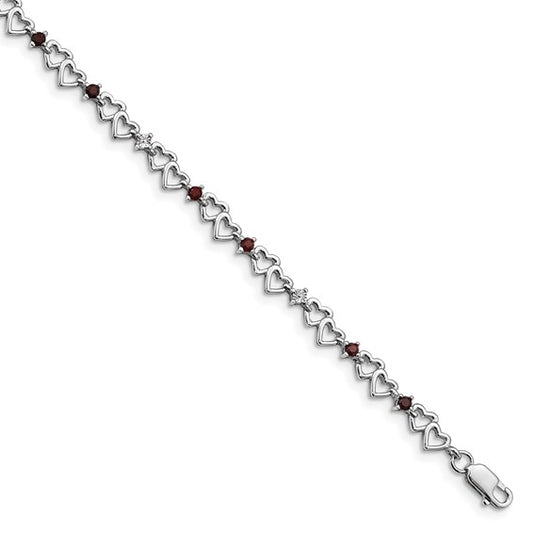 Sterling Silver Mini Heart Garnet & Diamond Bracelet