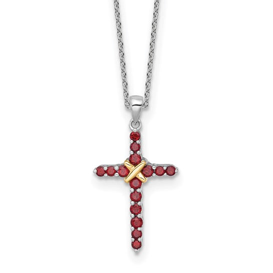 Sterling Silver Natural Garnet Two Tone Cross