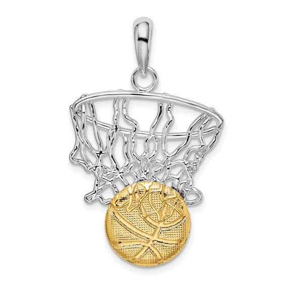 14K White Gold/Yellow Gold Sterling Silver Basketball Hoop Pendant Two Tone
