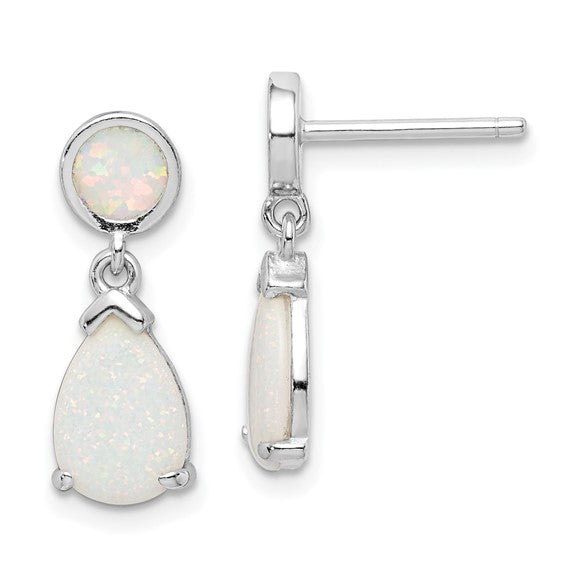Sterling Silver White Gold Plated Dual Lab Created White Opal Stone Earrings