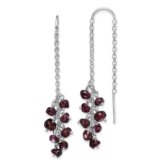 Sterling Silver Rhodium Plated Natural Garnet Cluster Dangle Earrings