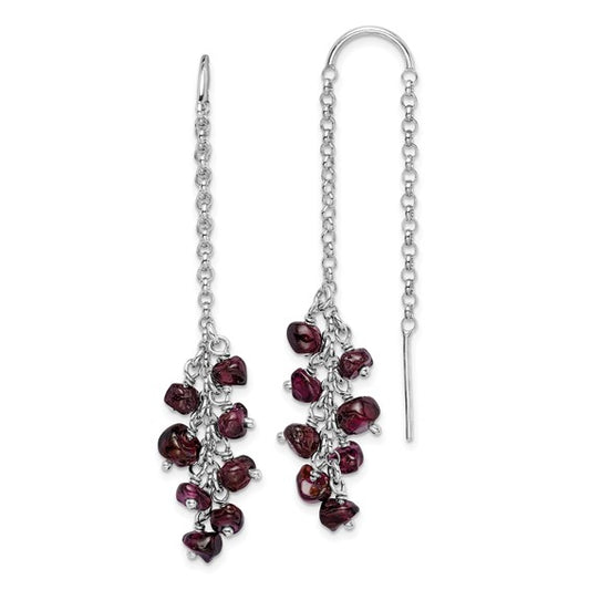Sterling Silver Rhodium Plated Natural Garnet Cluster Dangle Earrings