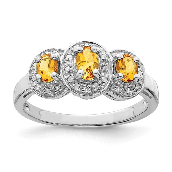 Sterling Silver White Gold Plated Natural Citrine & Diamond 3 Stone Halo Ring