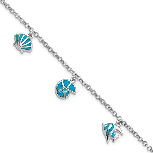 Sterling Silver White Gold Plated Sea Life Shells & Fish Bracelet Inlay Lab Created Blue Opal