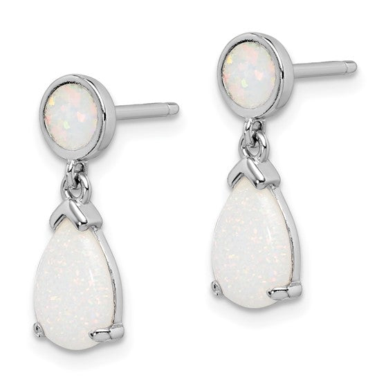 Sterling Silver White Gold Plated Dual Lab Created White Opal Stone Earrings