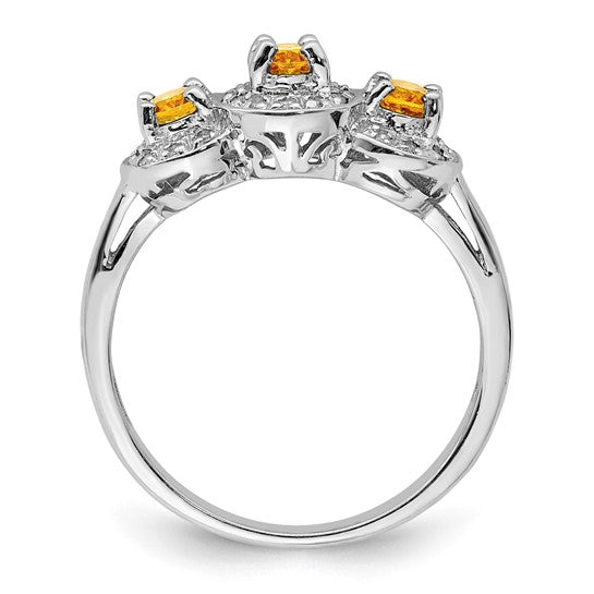 Sterling Silver White Gold Plated Natural Citrine & Diamond 3 Stone Halo Ring