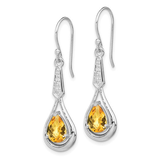 Sterling Silver White Gold Plated Natural 1ct Citrine & CZ Dangle Earrings