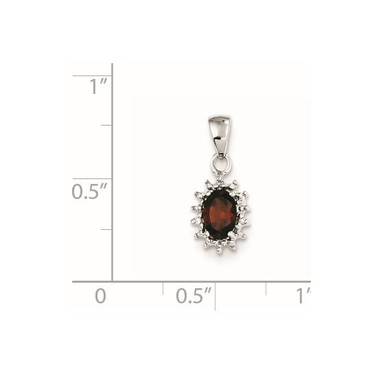 Sterling Silver Rhodium Plated Oval Natural Garnet & Diamond Spiked Halo Pendant