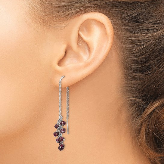 Sterling Silver Rhodium Plated Natural Garnet Cluster Dangle Earrings