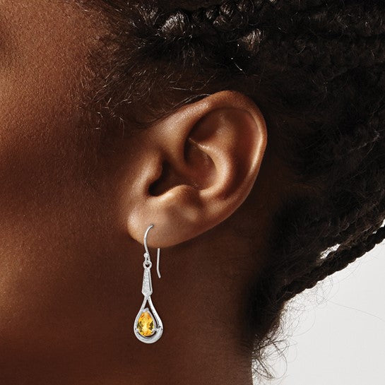 Sterling Silver White Gold Plated Natural 1ct Citrine & CZ Dangle Earrings