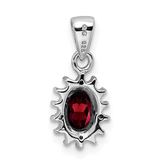 Sterling Silver Rhodium Plated Oval Natural Garnet & Diamond Spiked Halo Pendant