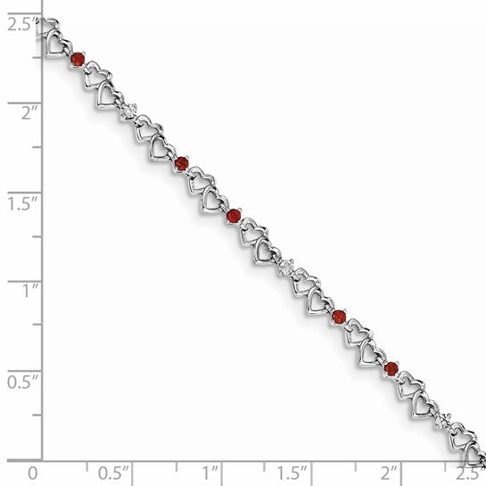 Sterling Silver Mini Heart Garnet & Diamond Bracelet
