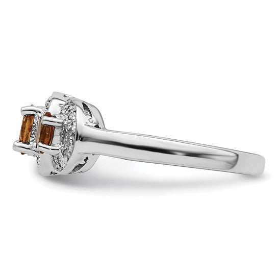 Sterling Silver White Gold Plated Natural Citrine & Diamond 3 Stone Halo Ring