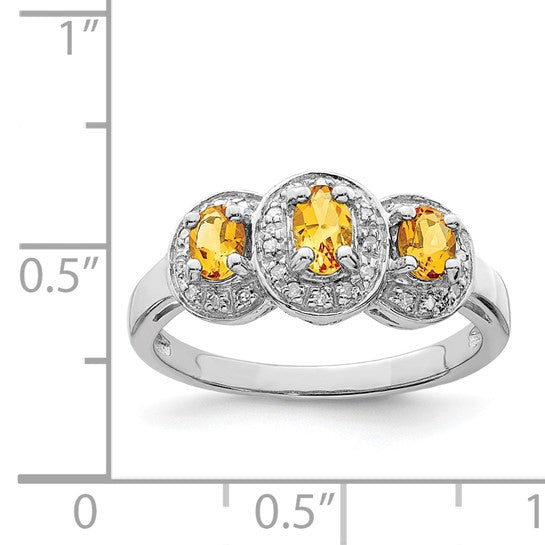 Sterling Silver White Gold Plated Natural Citrine & Diamond 3 Stone Halo Ring