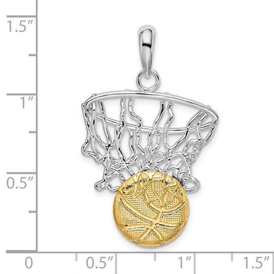 14K White Gold/Yellow Gold Sterling Silver Basketball Hoop Pendant Two Tone