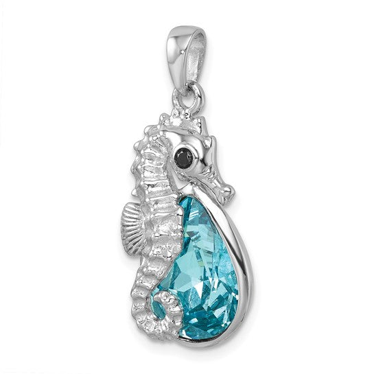 Sterling Silver Crystal Tear Drop Sea Horse Pendant