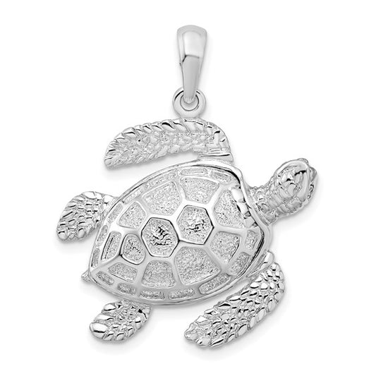 Sterling Silver Rhodium Plated 3D Sea Turtle Pendant