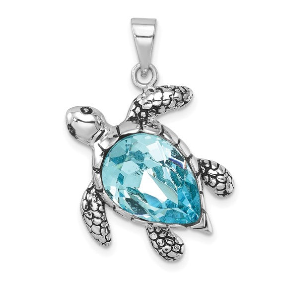 Sterling Silver Crystal Antiqued Turtle Pendant