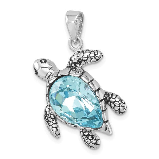 Sterling Silver Crystal Antiqued Turtle Pendant