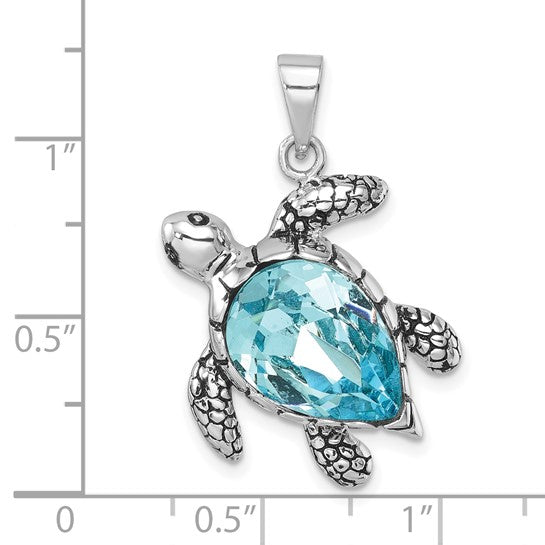 Sterling Silver Crystal Antiqued Turtle Pendant