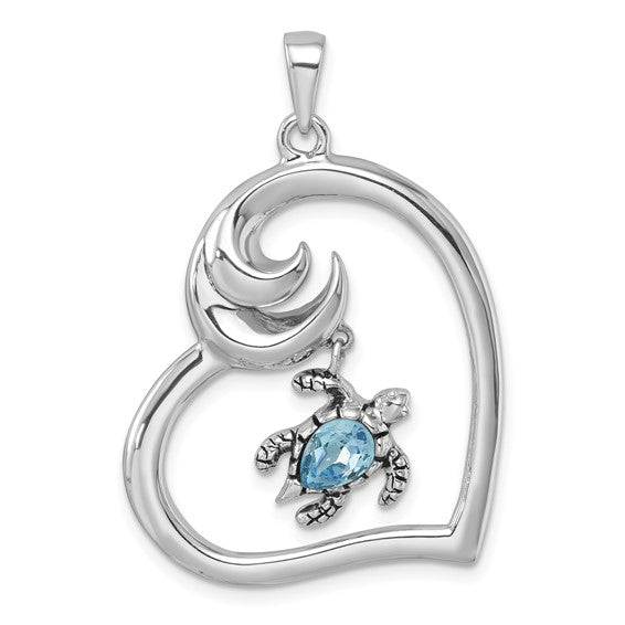 Sterling Silver Blue Crystal Heart Of The Ocean Wave Turtle Pendant