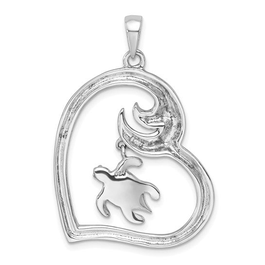 Sterling Silver Blue Crystal Heart Of The Ocean Wave Turtle Pendant