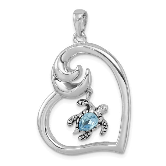 Sterling Silver Blue Crystal Heart Of The Ocean Wave Turtle Pendant