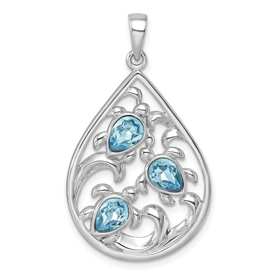 Sterling Silver 3 Turtle Tear Drop Crystal Pendant