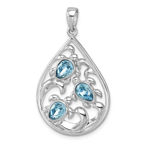 Sterling Silver 3 Turtle Tear Drop Crystal Pendant