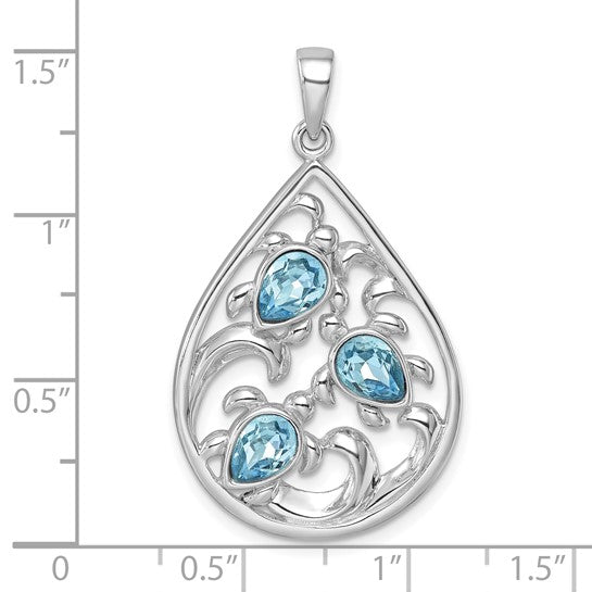 Sterling Silver 3 Turtle Tear Drop Crystal Pendant