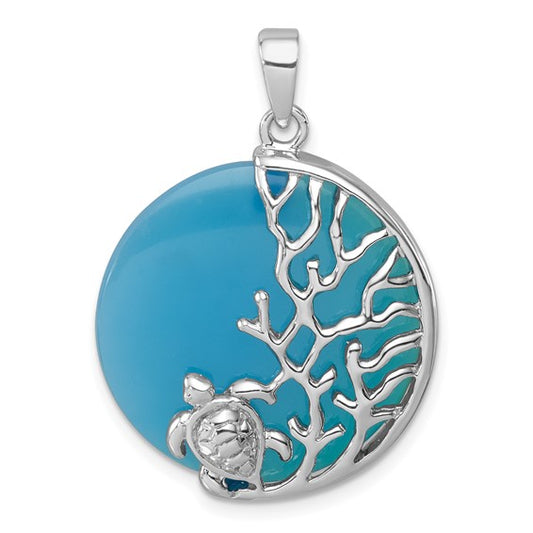 Sterling Silver Natural Blue Agate Turtle Sea Life Circle Pendant